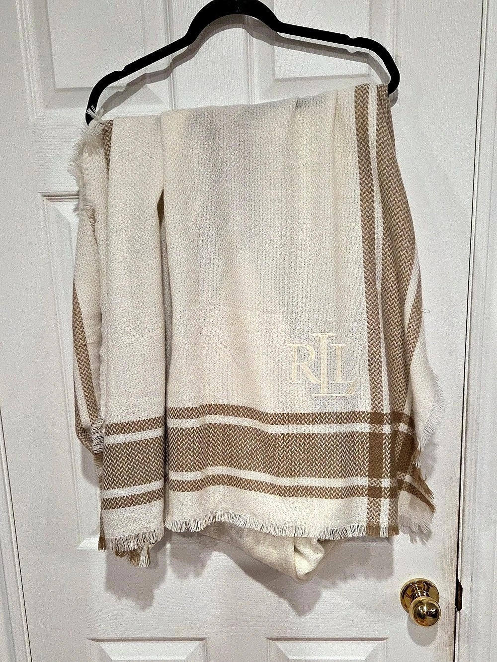Lauren Ralph Lauren Plaidl Fringe Wrap Scarf in Cream & Brown 78" L X 38" W